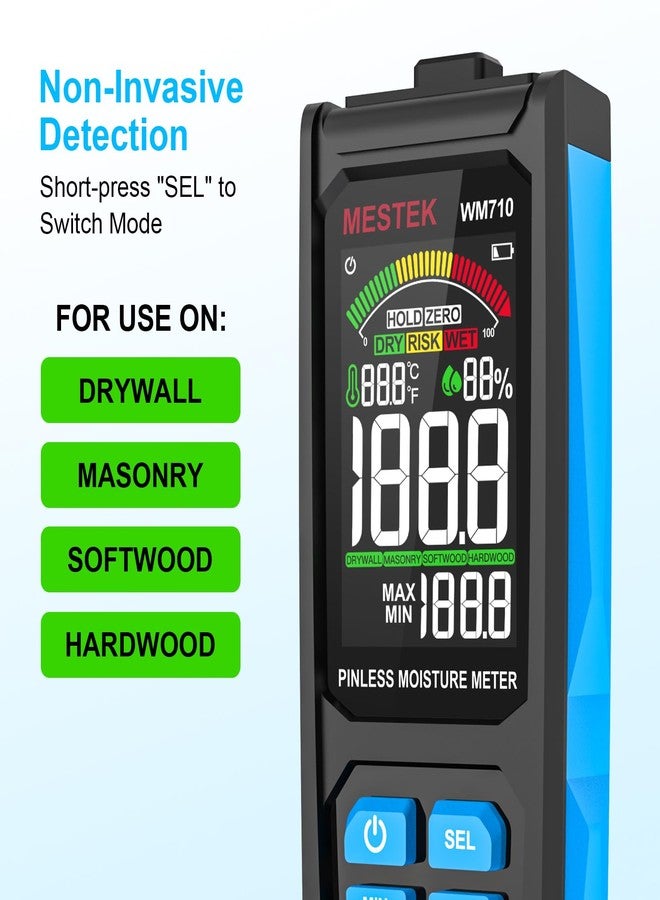 MESTEK Pinless Wood Moisture Meter Drywall Moisture Detector for Lumber Concrete Building with Backlit Color LCD Display -Wall Moisture Sensor Digital Humidity Tester for Firewood - Image 3
